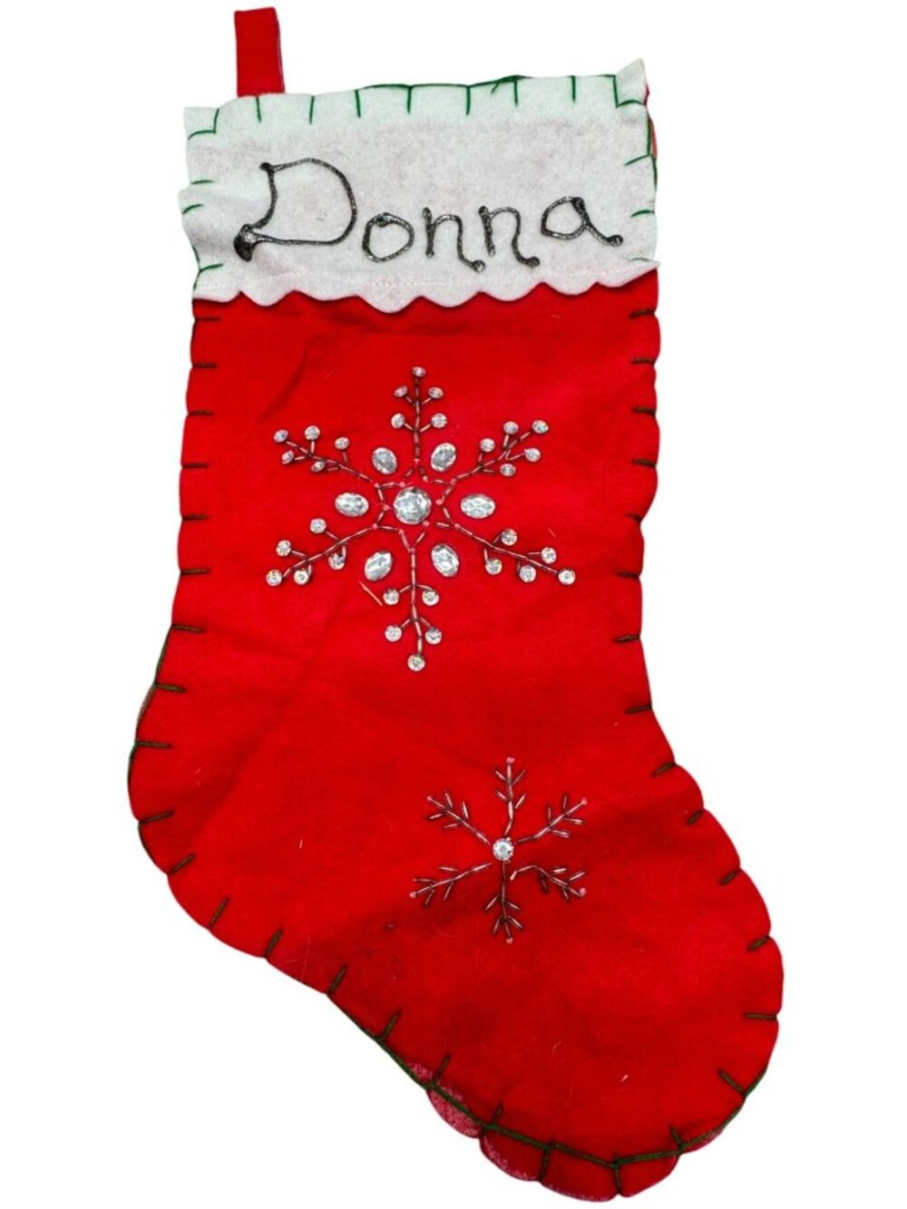 Personalized Handmade Christmas Stocking Jeweled Snowflake Design For Donna READ